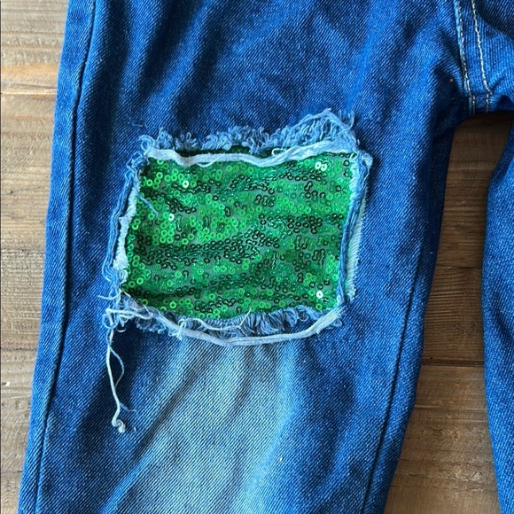Green and Blue Patchwork Denim Overalls with Distressed Details - Picture 3 of 5